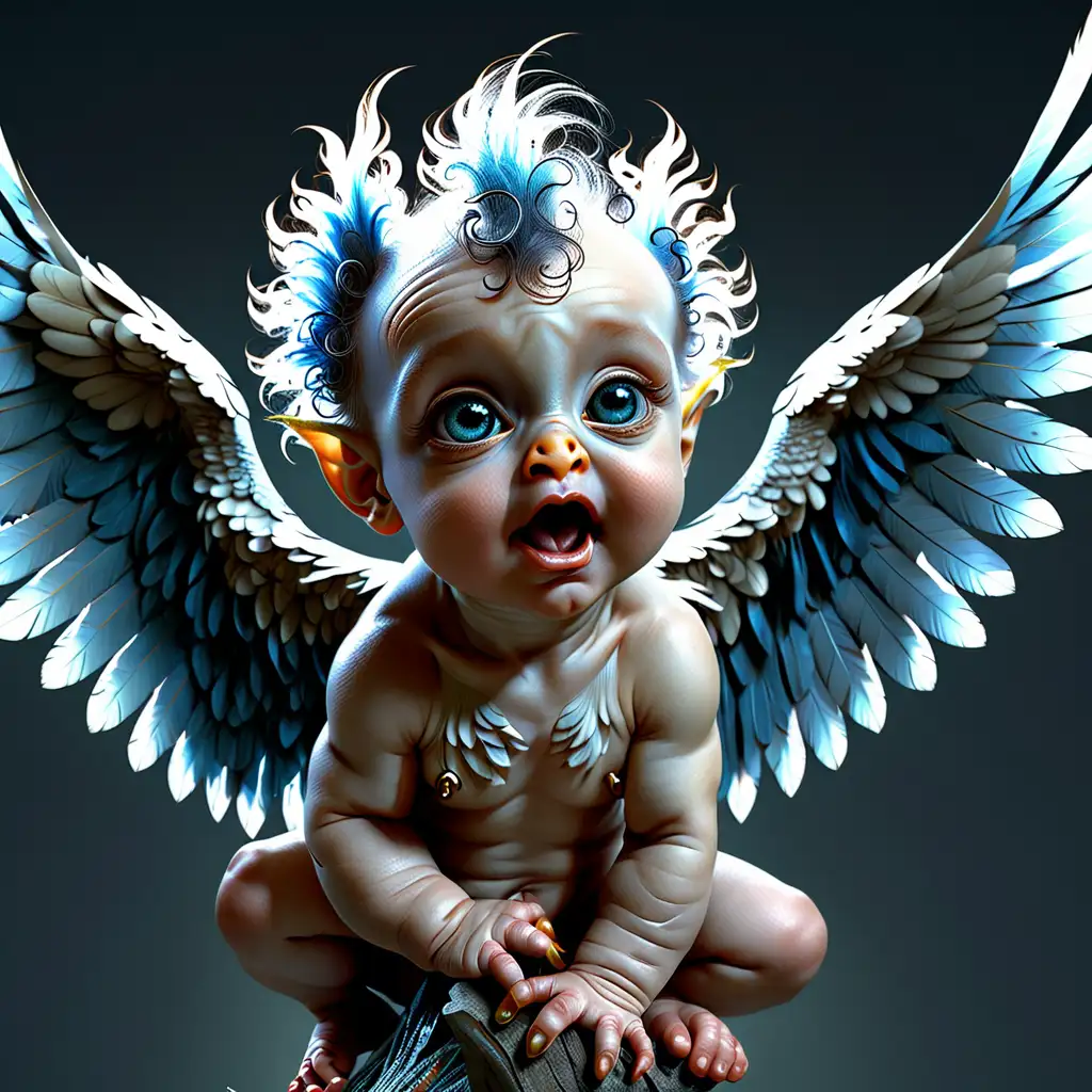 A photorealistic image of an adorable, mythological baby harpy