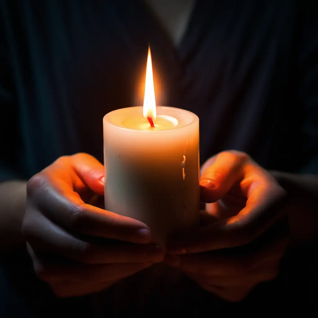 Create a cover art using a lit candle  close up as someones hands holding it without any words