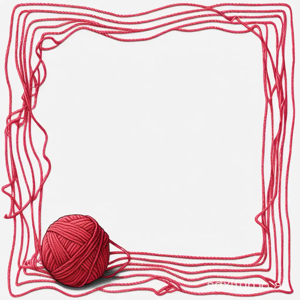 A white square with only a border of red wool running along the entire edge and ending on the bottom right corner with a ball of yarn. Comic style drawing