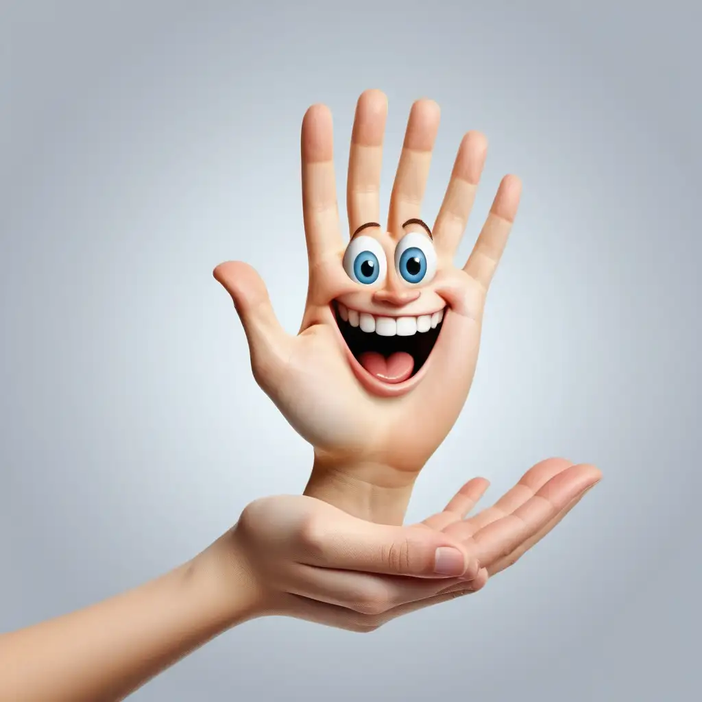 open hand with a smiling human face on the palm of the hand