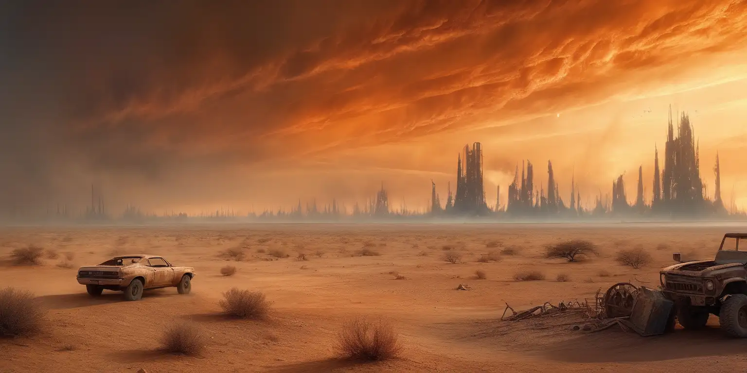 imagine a desolate wasteland with a fiery sky and an atmosphere of dust. there is no smoke. There are no buildings, cars, or manmade items at all. It is only atmosphere
