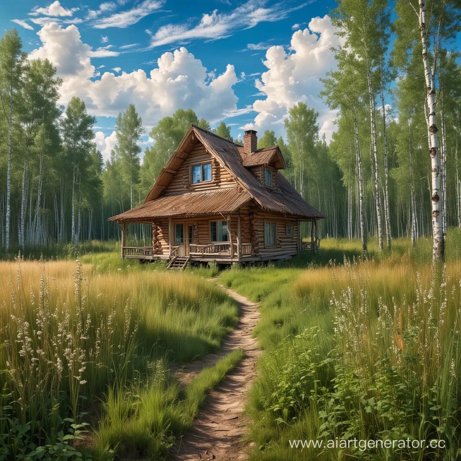 Enchanting-Birch-Forest-and-Log-Cabin-under-a-Blue-Sky-A-Scene-from-a-Russian-Fairy-Tale