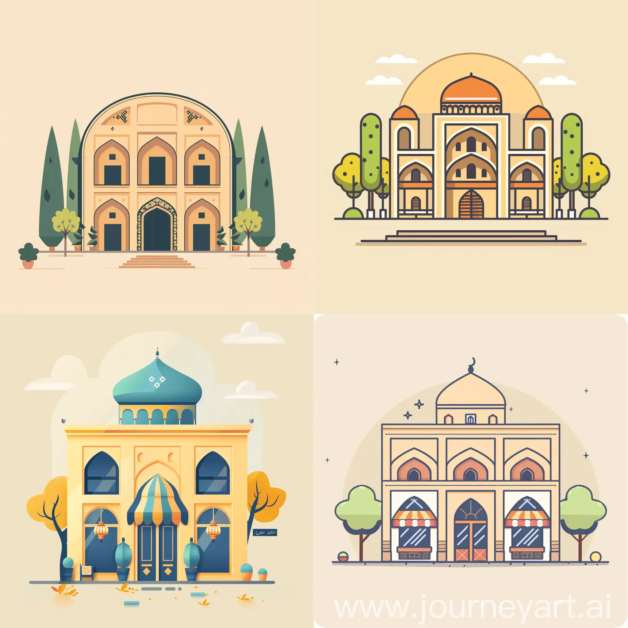 illustration a minimal graphic image about "How to build ecommerce website in Kashan city in Iran" using Iranian architecture concept in it with a simple plain color background
