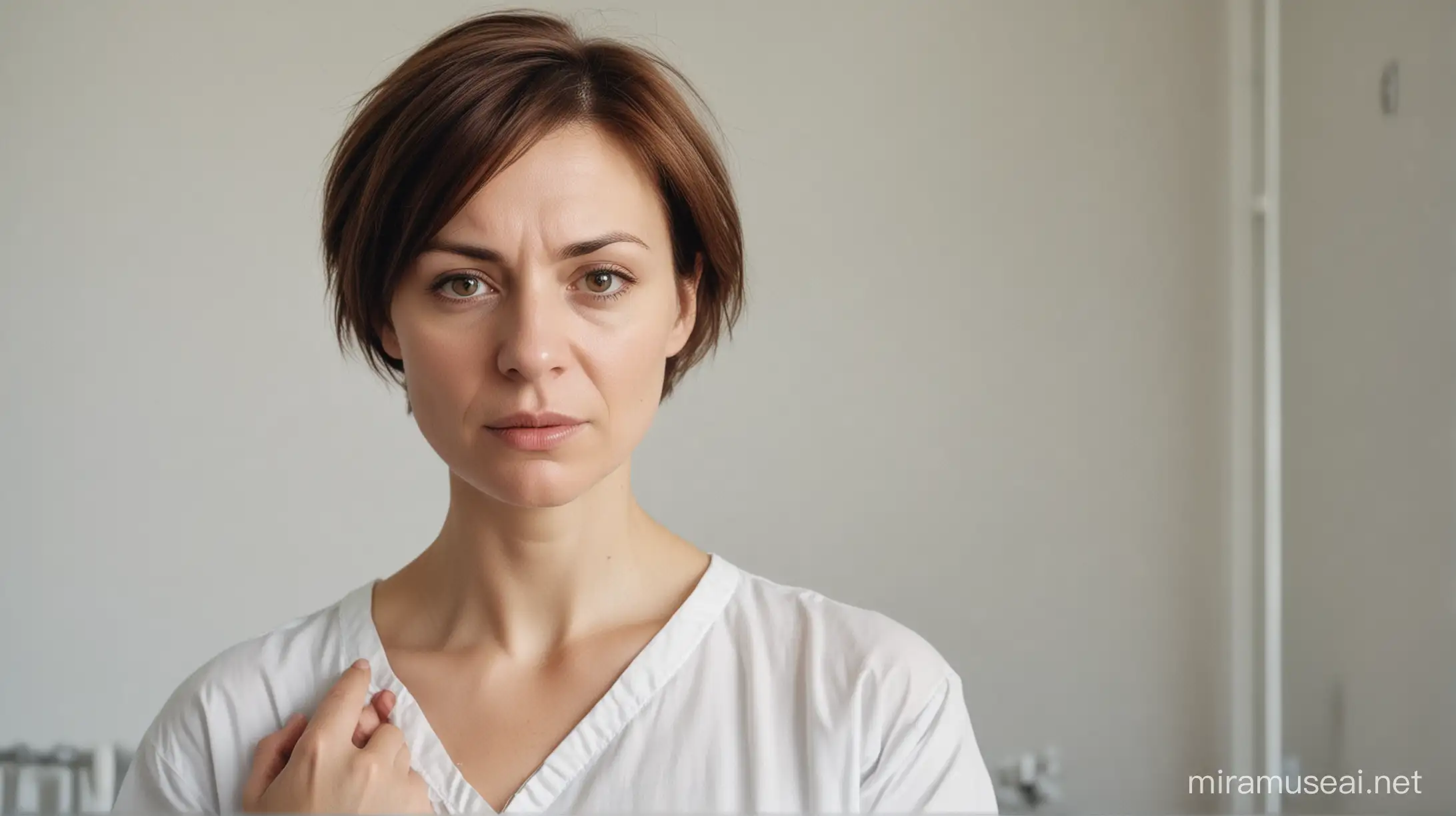 A poignant, cinematic photo of a 40-year-old Slavic woman with short brown hair, nervously undressing for a medical examination. Her eyes are filled with discomfort and shame. The room is white and sterile. The atmosphere is tense and emotionally charged, capturing the vulnerability of the human body and spirit.