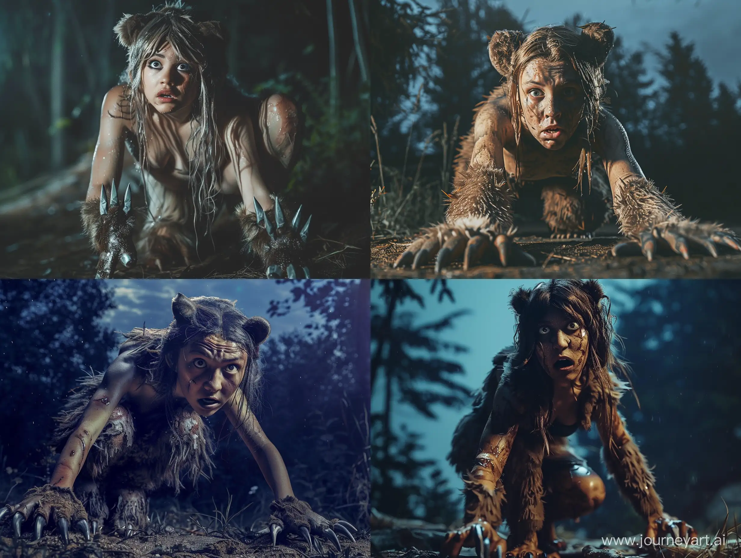 Confused-and-Scared-Woman-Transformed-into-Bear-in-Night-Forest