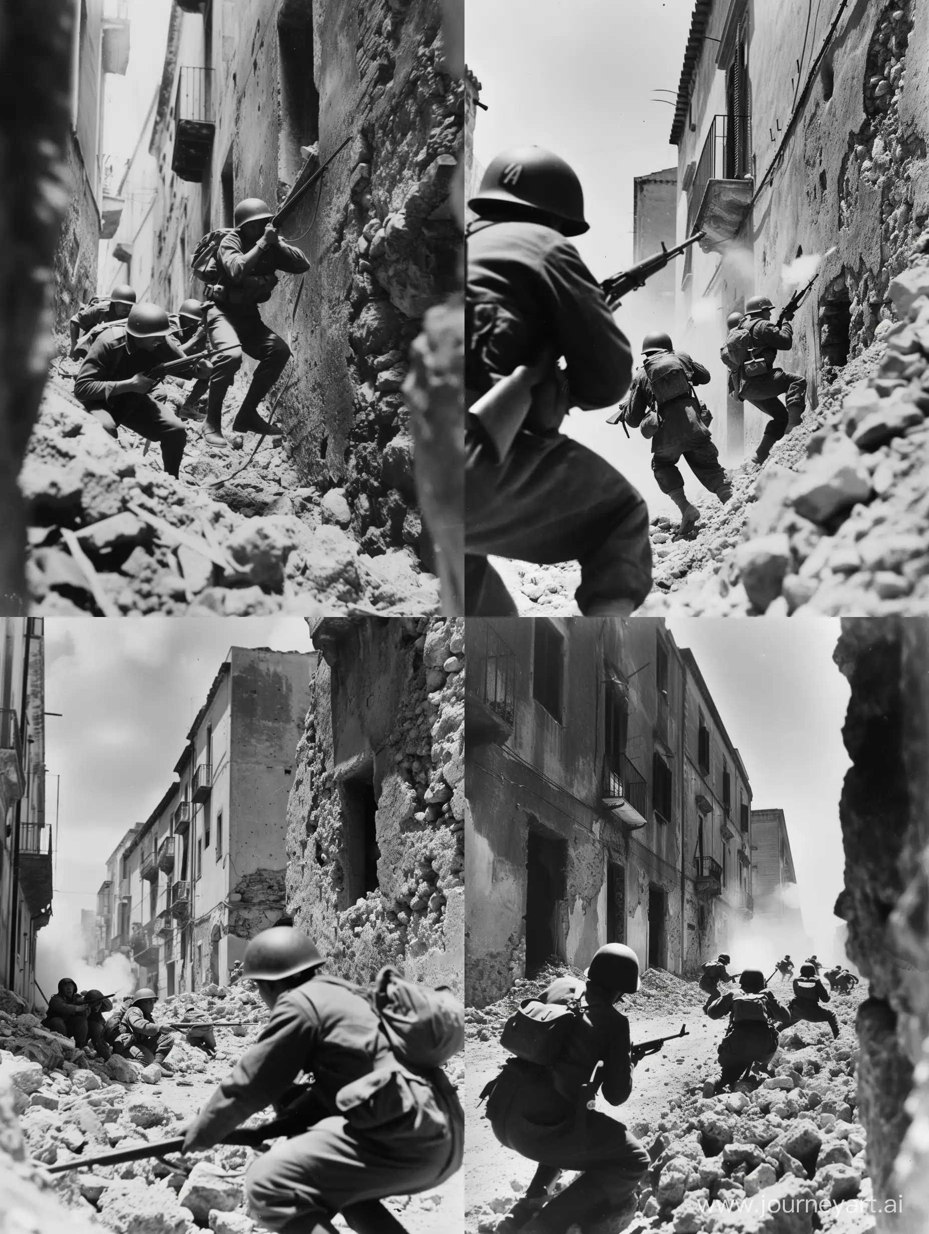 italian fascist soldiers fighting in a sicily streets, 1940s, ww2, world war 2