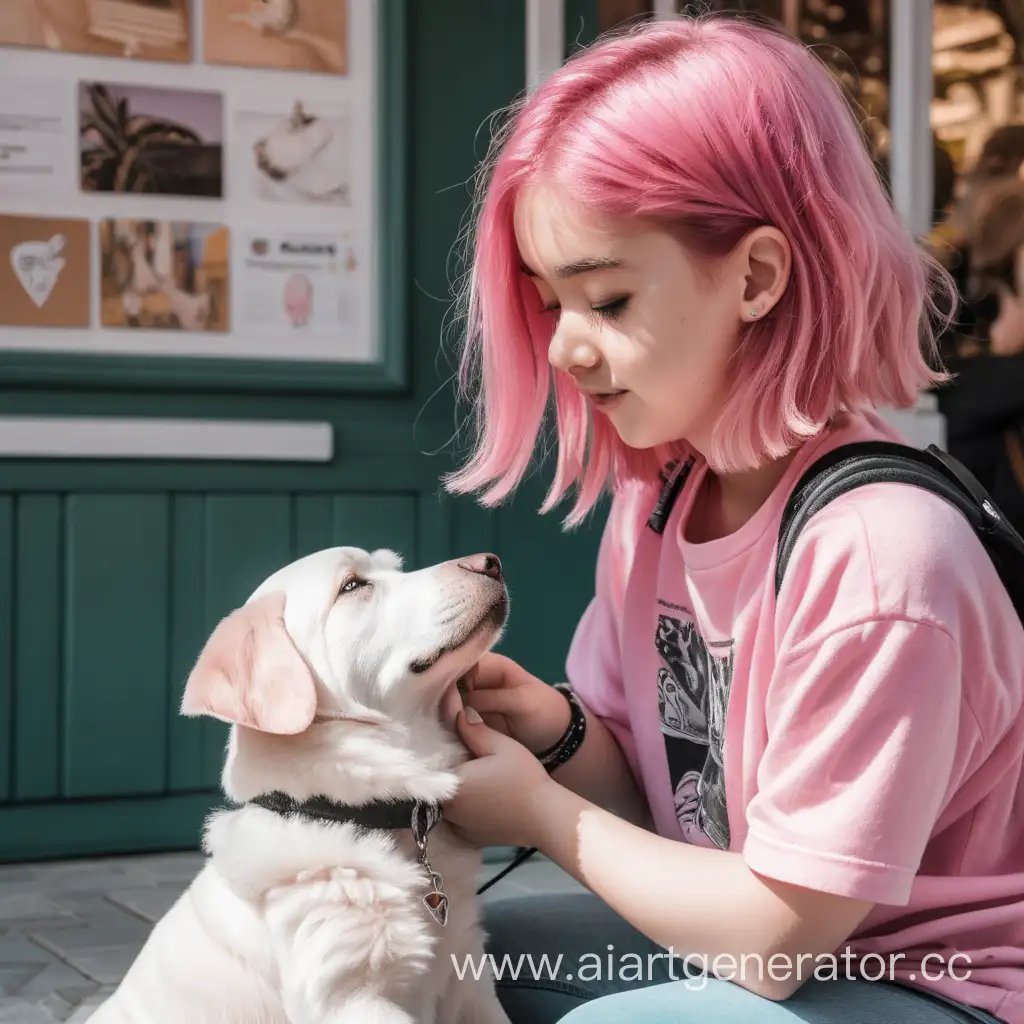 Девушка с розовыми волосами гладит пса