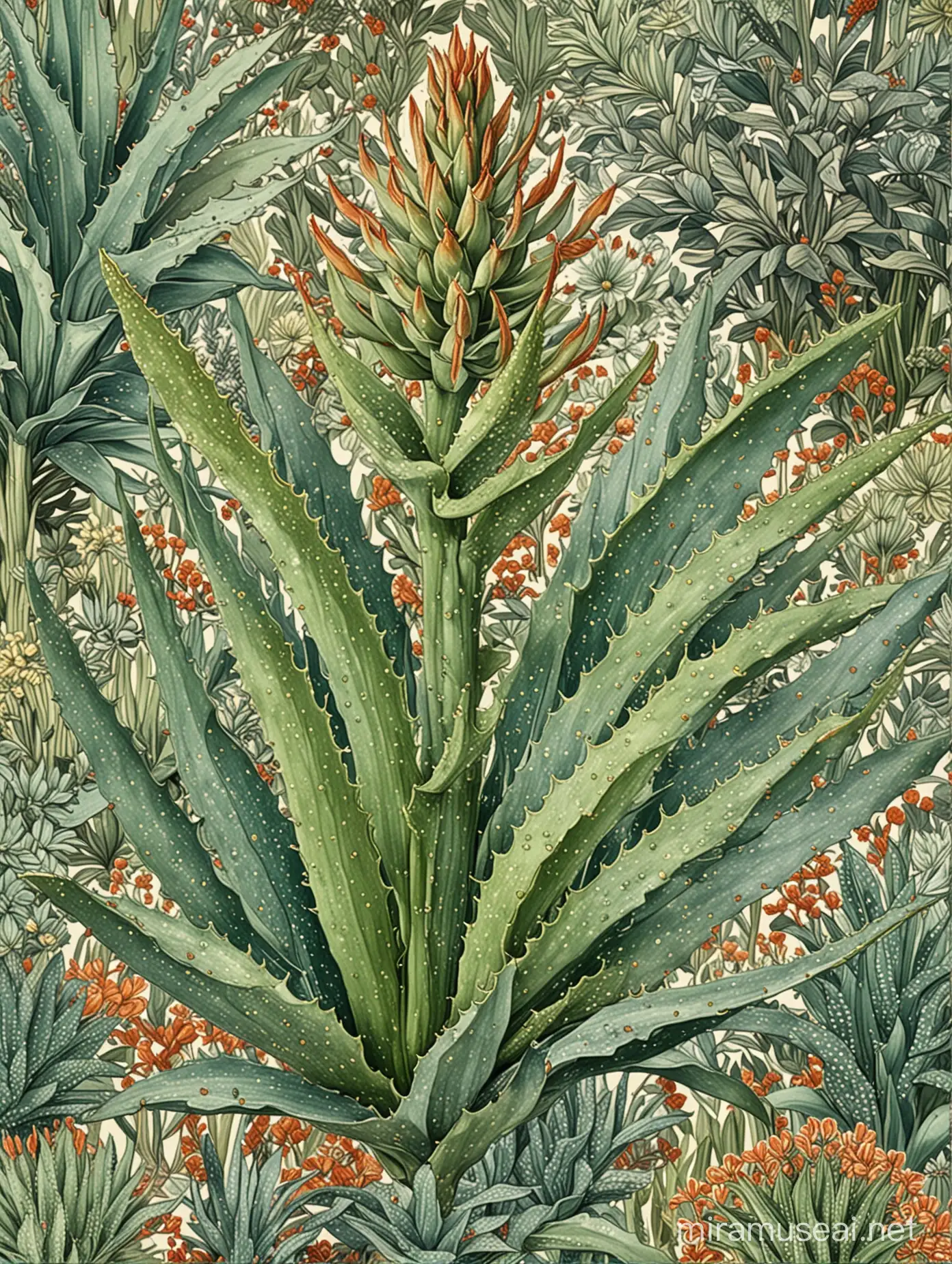 Vintage Style Botanical Illustration Aloe Vera Plant Postcard with Glitter and William Morris Pattern