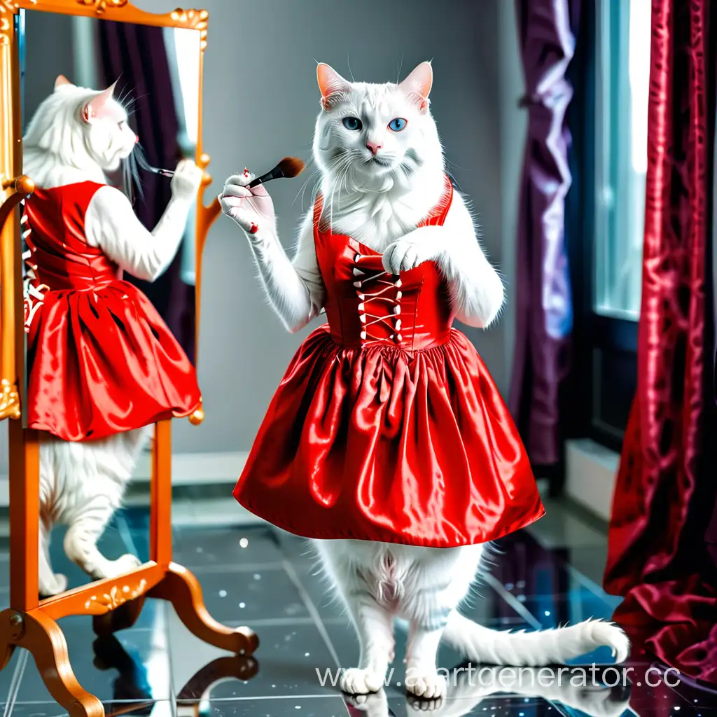 Кошка белая красивая стоит на двух лапах ,одета в красивое красное платье, делает себе макияж,смотрит в зеркало