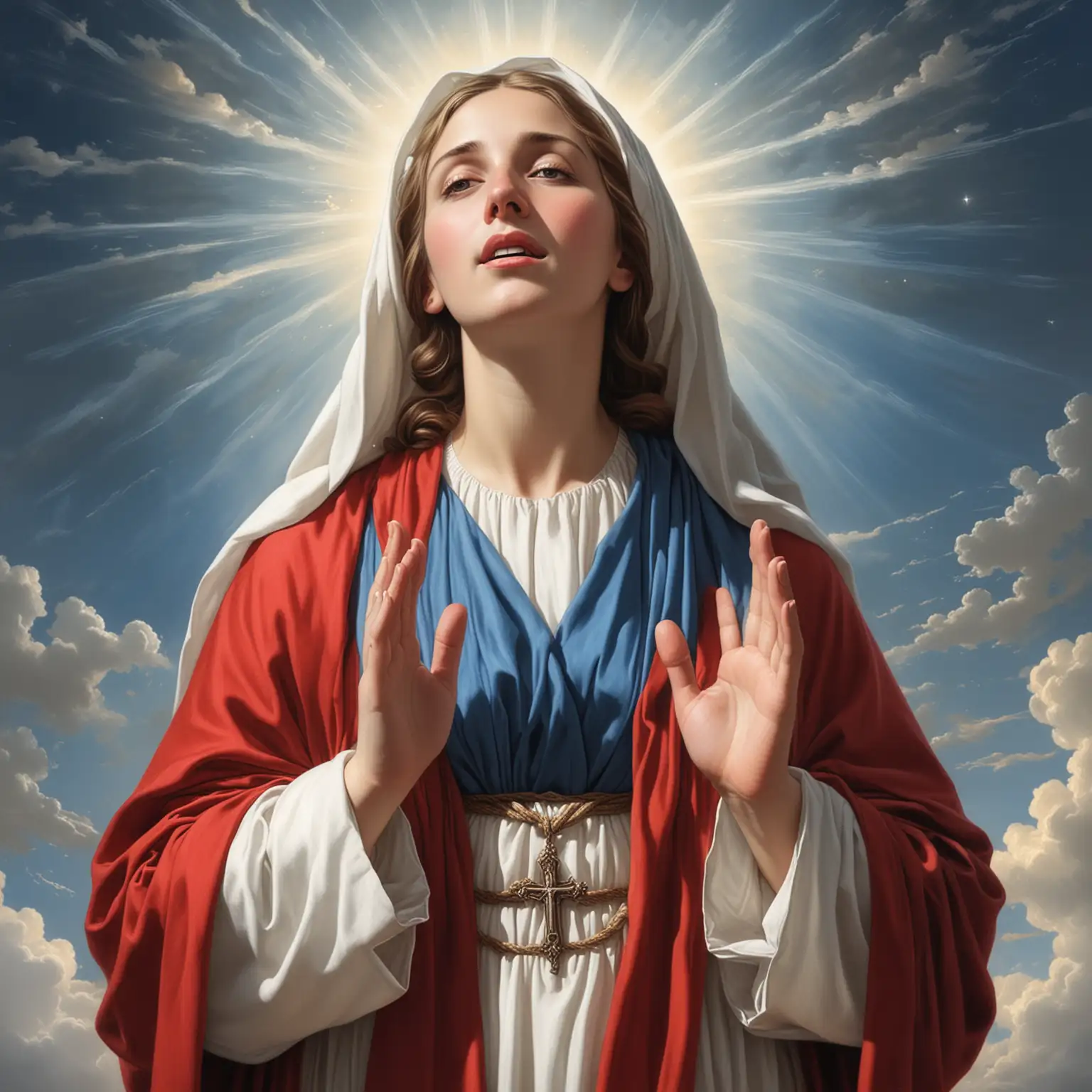 The virgin mary, wearing a red dress under a blue mantle, a white scarf around her head tied with a knot below her neck, looking up to the sky, with both hands raised in an act of praise.  The image is rendered in the style of Italian artist Giovanni Gasparro