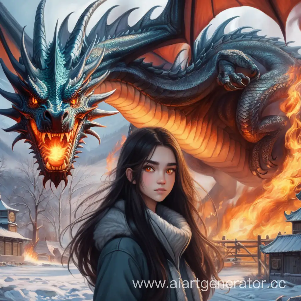A young woman with long dark hair looks at the viewer.In the background there is a dragon with burning eyes.  winter time