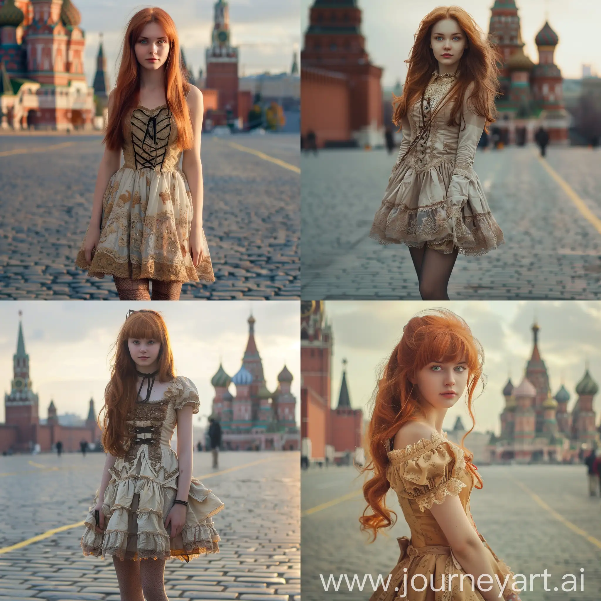 Photo of a red-haired young russian girl, she is 19 years old, dressed in a dress with stockings, is on Red Square in the morning, 4k, The background is not grainy 