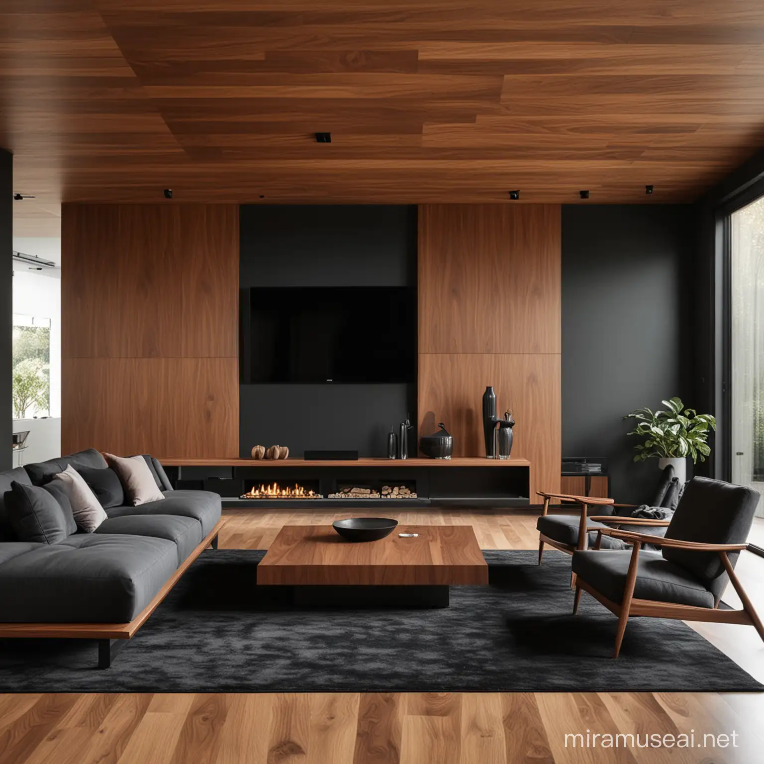 modern, elegant, walnut wood, black living room