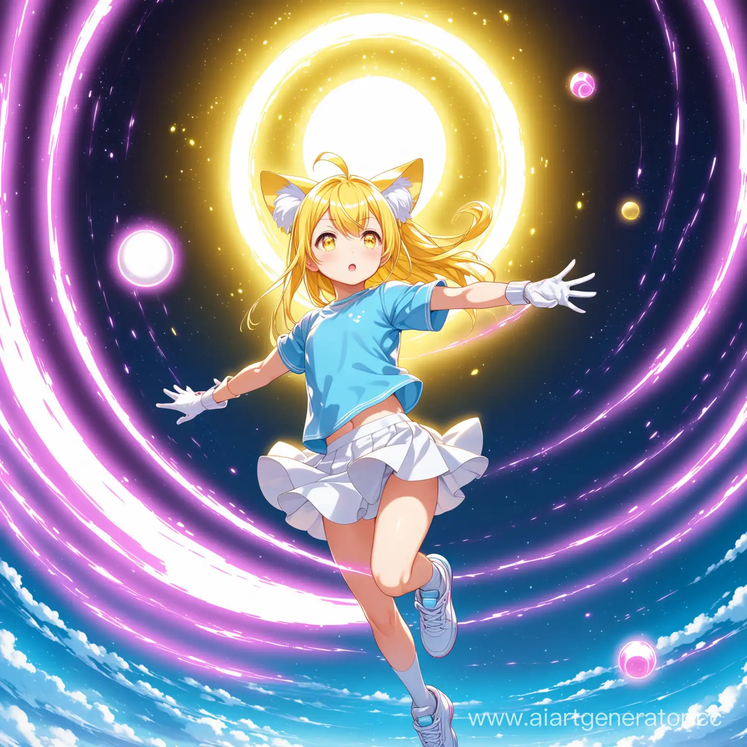 
The girl's body build is somewhere slightly above the loli; yellow ears and tail; long yellow hair; pink eye color; white knee-length skirt; chest size 1; tight blue T-shirt; white sweatshirt; white sneakers; white stockings; white gloves up to the elbow; a technological ball is flying nearby, glowing with yellow light