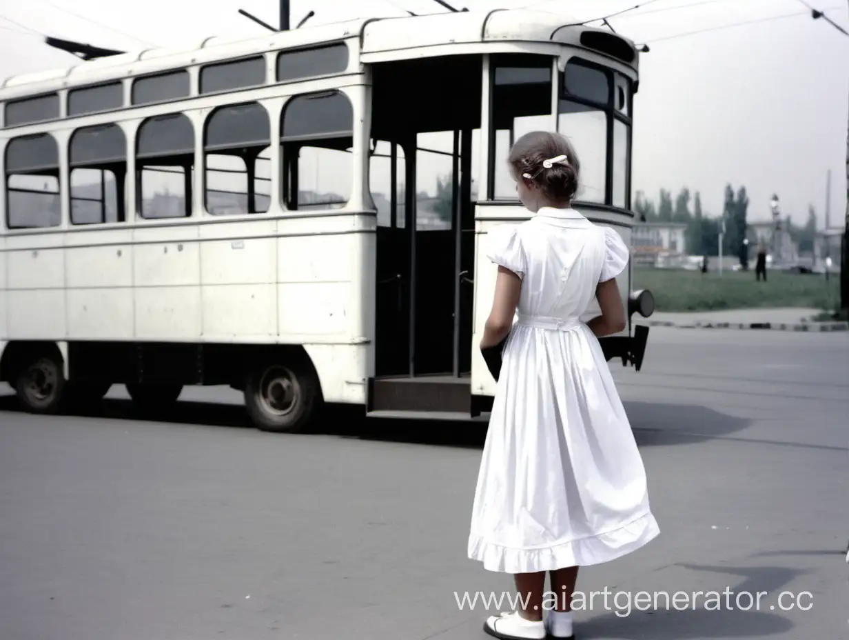 a girl at a trolleybus stop in a white dress in the old days