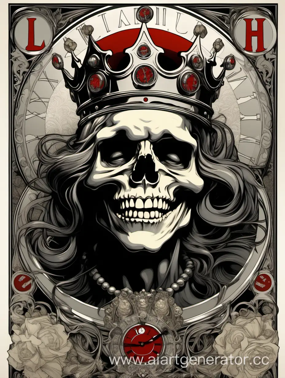 laugh skull wearing a time crown, assimetrical, alphonse mucha poster, hiperdetailed, black,gray, red