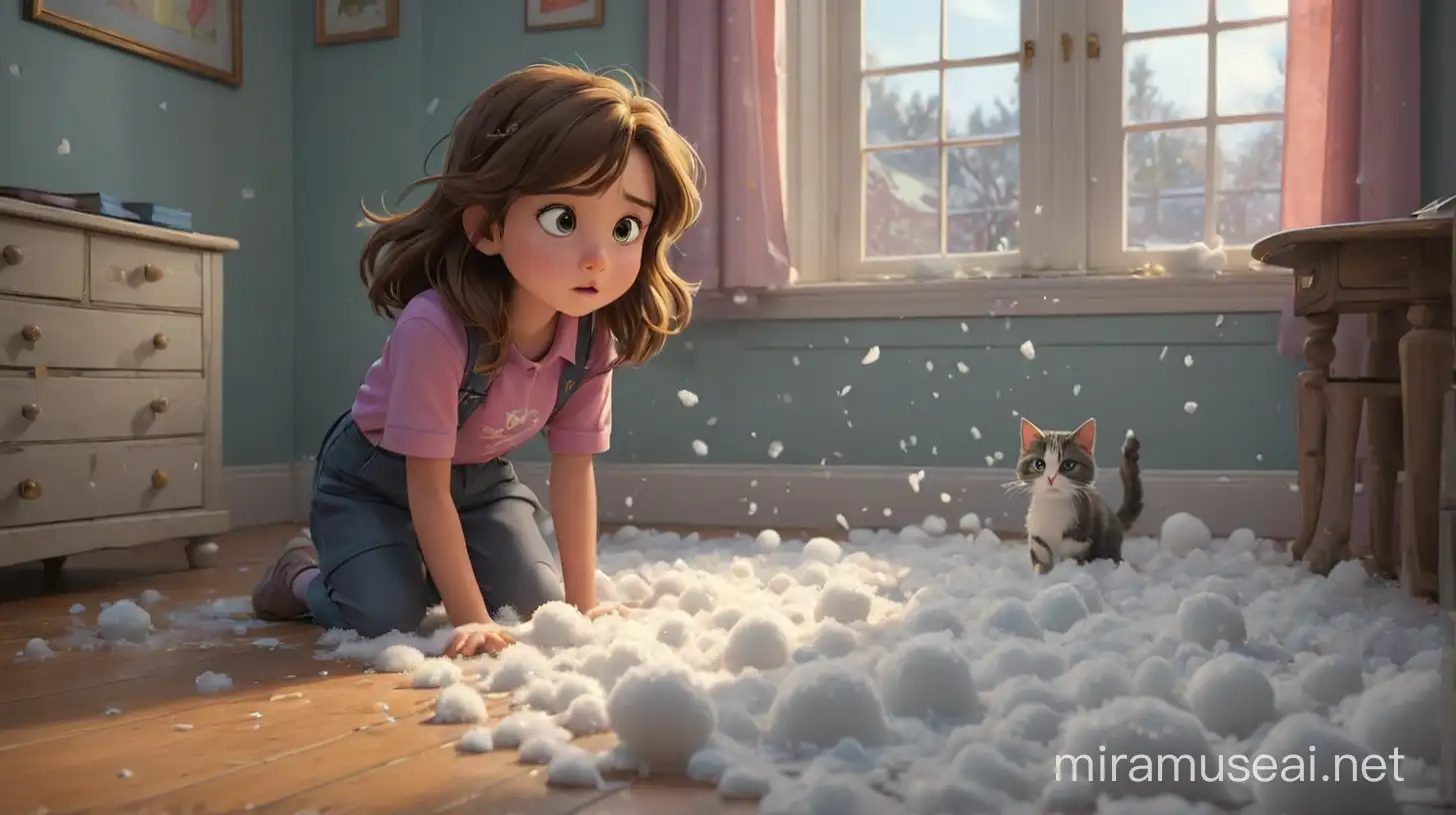 Young Girl Lily's heart sinks as she searches her room and realizes her cat Snowball is missing.