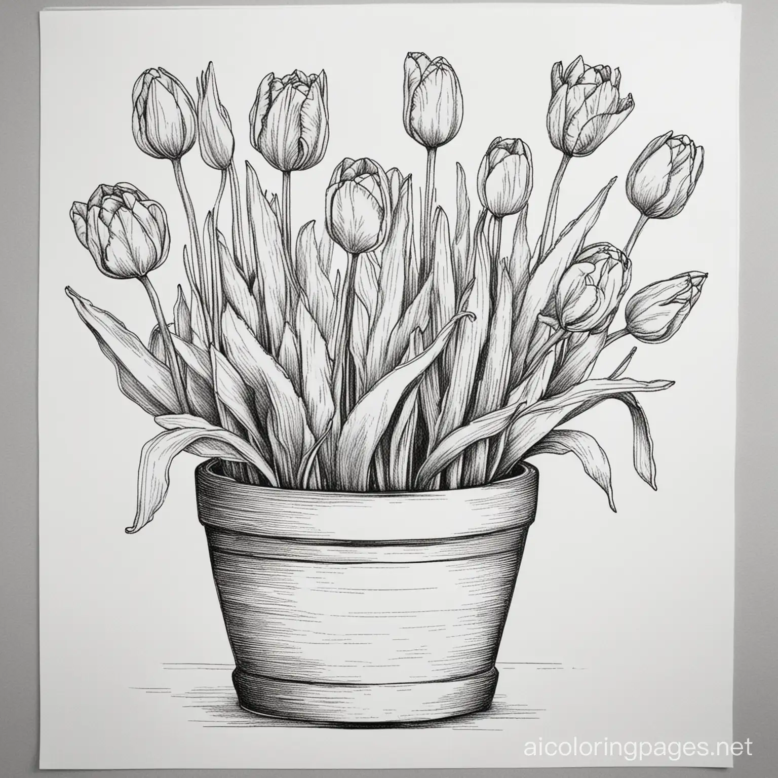 Create a picture for adult colouring in black and white only.  The theme of the picture: British garden. gardening. Style: sketching, ink, line drawings. the picture shows pots of flowers and tulips. The detail of the drawing is medium.  Ratio 3:4, Coloring Page, black and white, line art, white background, Simplicity, Ample White Space. The background of the coloring page is plain white to make it easy for young children to color within the lines. The outlines of all the subjects are easy to distinguish, making it simple for kids to color without too much difficulty