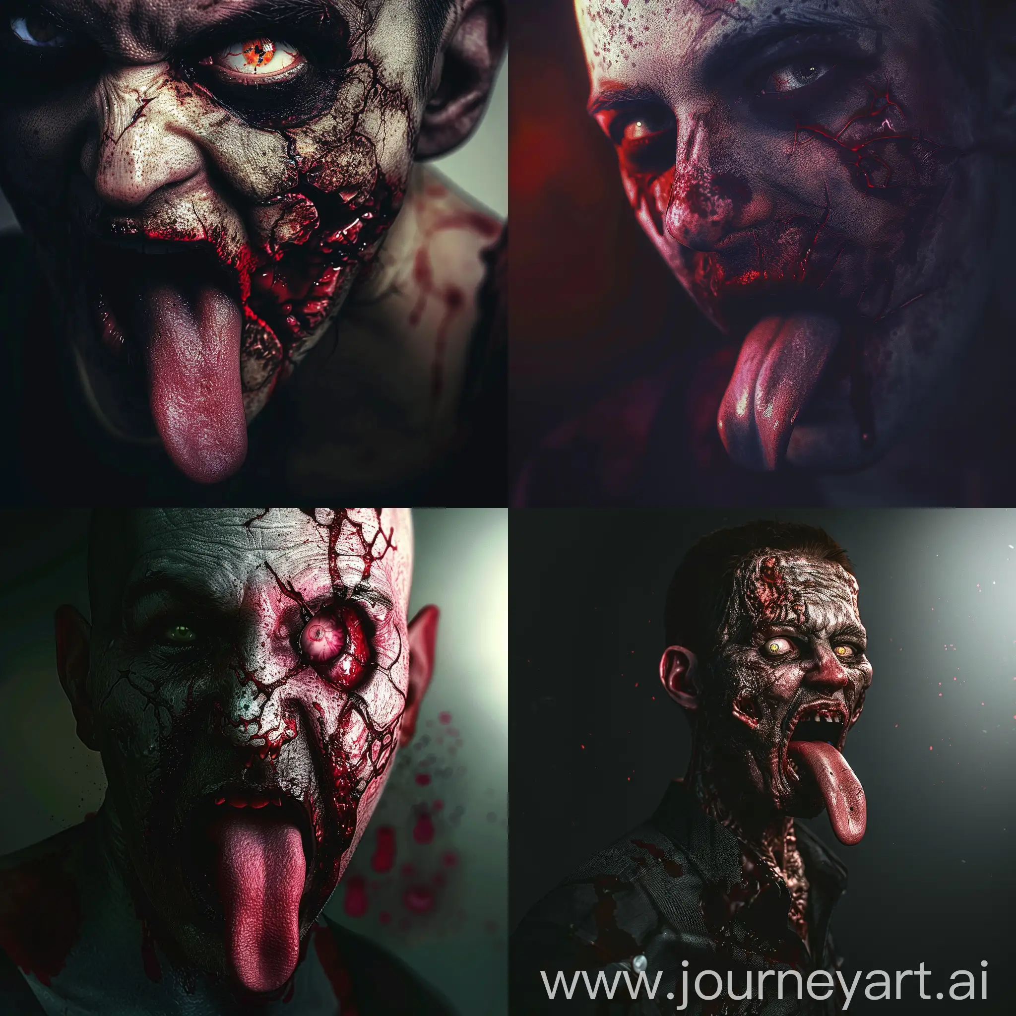 /imagine prompt:cursed man with distorted face, bloody appearance, his tongue is out, creepy, dark eerie, cinematic, photorealistic, ultra realistic