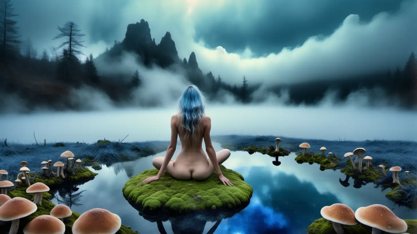 Psychedelic landscape, crystalline bluish mineral clouds, with nude woman in center, Moss, foggy mist, ​Indigo Milk Cap mushrooms up to the sky, small lake, taken with DSLR camera, realistic lighting