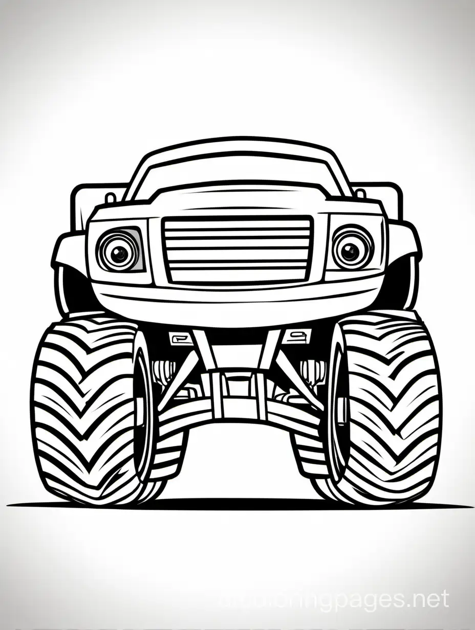 Monster Mutt: This monster truck resembles a giant dog, complete with floppy ears and a wagging tail. You can color it in various shades of brown and give it a playful expression., Coloring Page, black and white, line art, white background, Simplicity, Ample White Space. The background of the coloring page is plain white to make it easy for young children to color within the lines. The outlines of all the subjects are easy to distinguish, making it simple for kids to color without too much difficulty