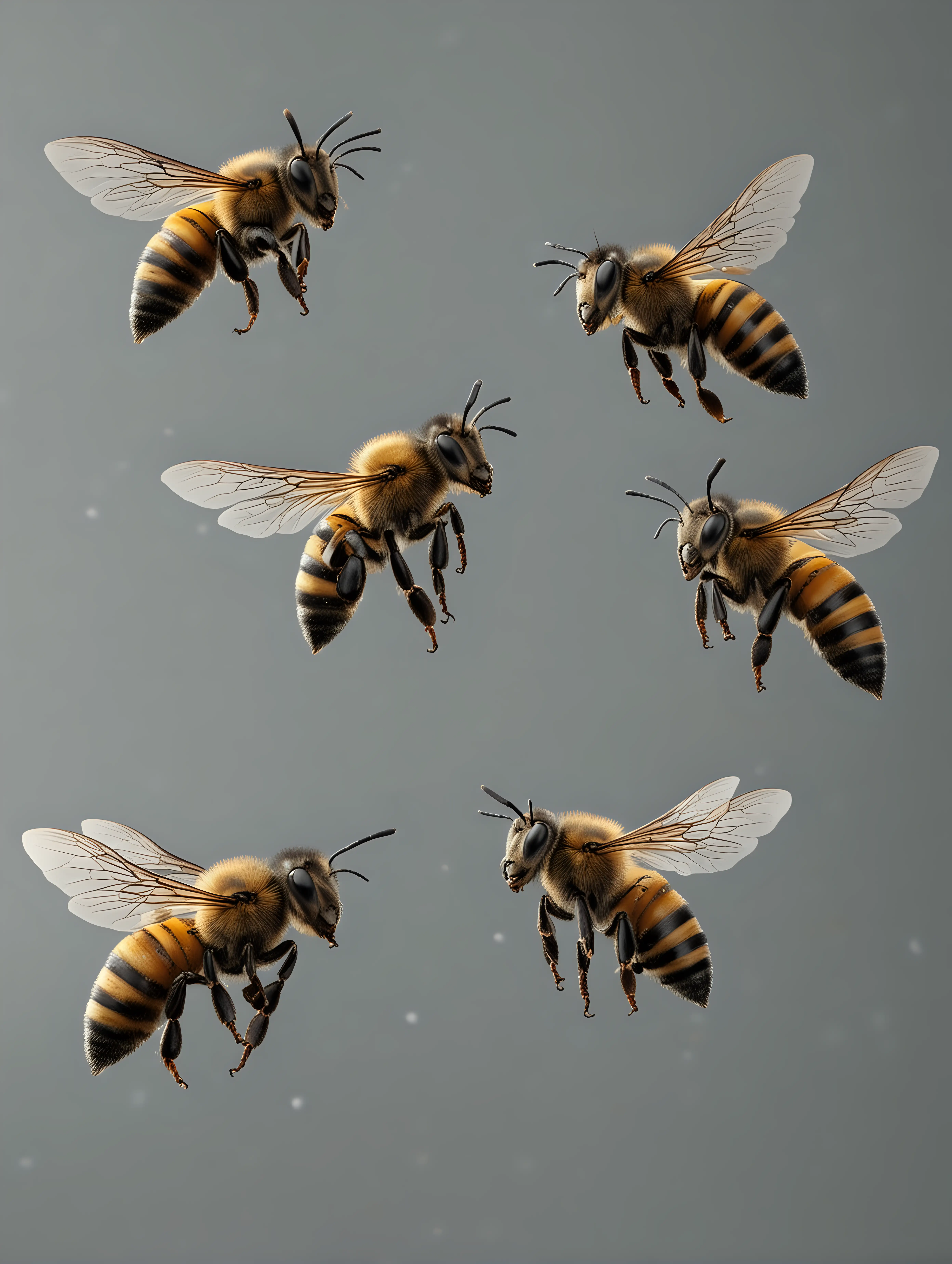 HyperRealistic Photorealistic Bees Flying on Neutral Gray Background
