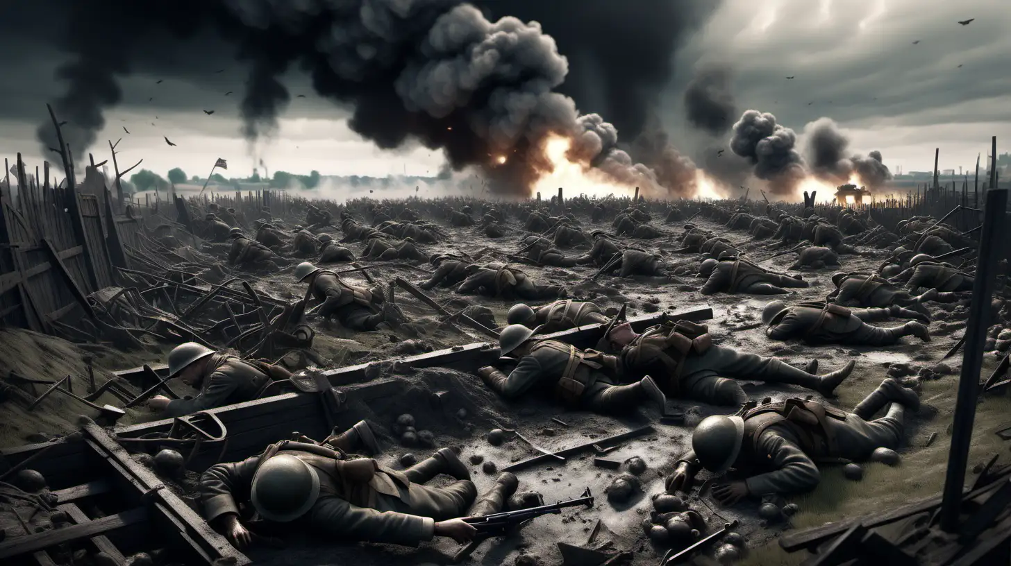 Generate a 8K hyperrealistic image depicting the horrific battlefields of the First World War, with Unreal Engine v5 rendering capturing the devastation and chaos of the scene. Ensure the 3D rendering is highly detailed, showcasing the muddy trenches, barbed wire entanglements, and shell craters littering the landscape. Utilize HDR lighting to enhance the grim atmosphere, with photorealistic textures conveying the brutality of warfare. Incorporate high-resolution elements of soldiers, equipment, and artillery strewn across the battlefield to add authenticity to the scene. The image should evoke a sense of despair and tragedy as it portrays the harsh realities of war