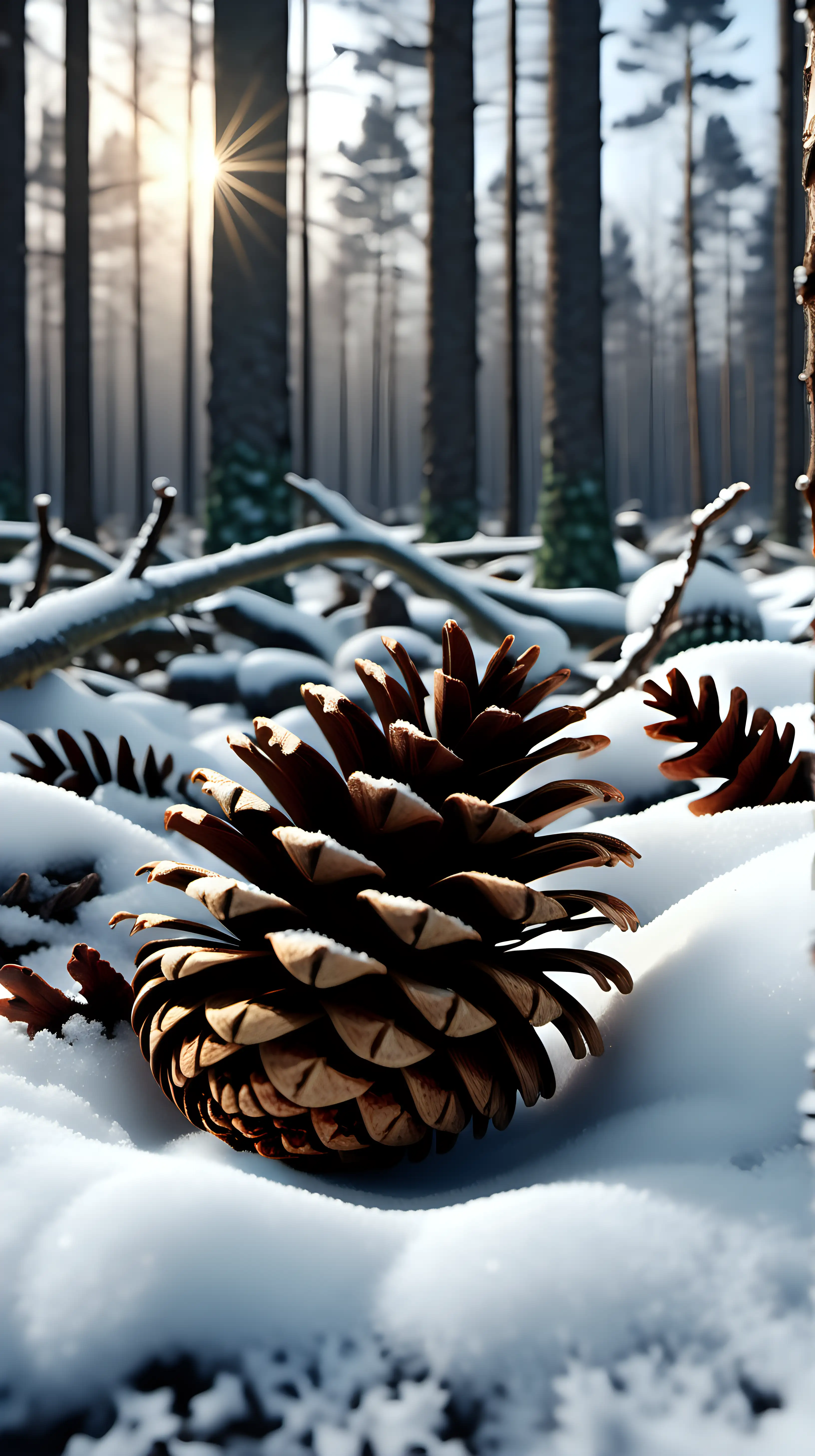 A scenic snowy forest landscape. forest floor in the front, pinecone with snow, twilight atmosphere, 1080f resolution, ultra 4K, high definition, volumetric light
