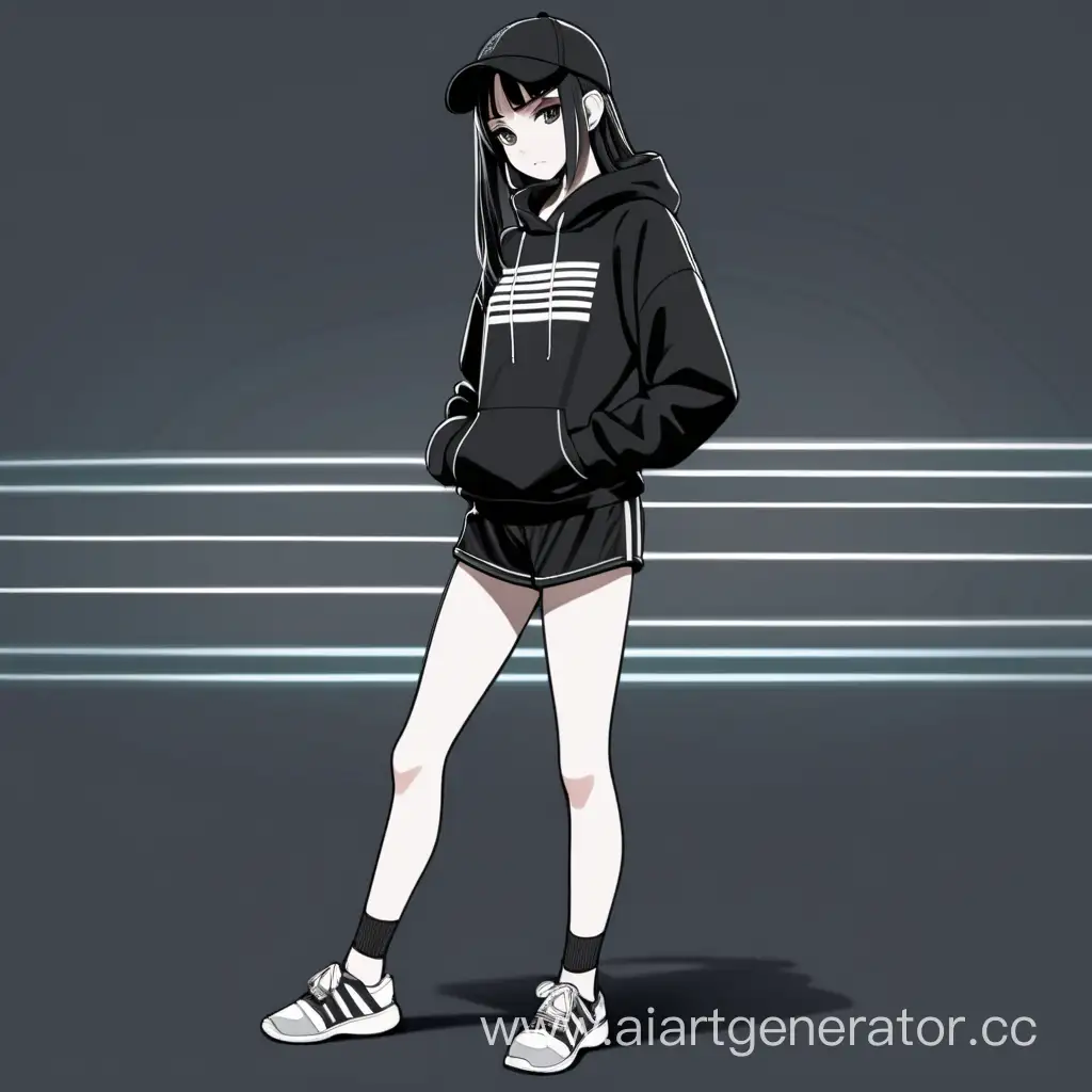 аниме девушка хакер в черной спортивной кофте с полосками, шортах, под шортами колготки и кедах