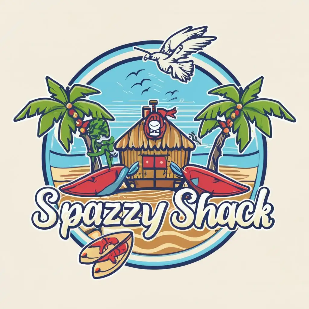 logo, create an svg beach themed, with the text "Spazzy Shack" typography, with surfboards ,birds, bright vibrant colors . full color image fill  ,no words.  outline image, ultra-detailed images with sharp lines and textures, capturing every detail with precision, ultra fine sharp outlined image , no copyright, no watermark,, with the text ".", typography