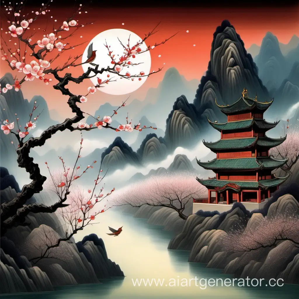 Floating mountains in China, moonlit night, plum blossom branch, a nightingale sings on the branch