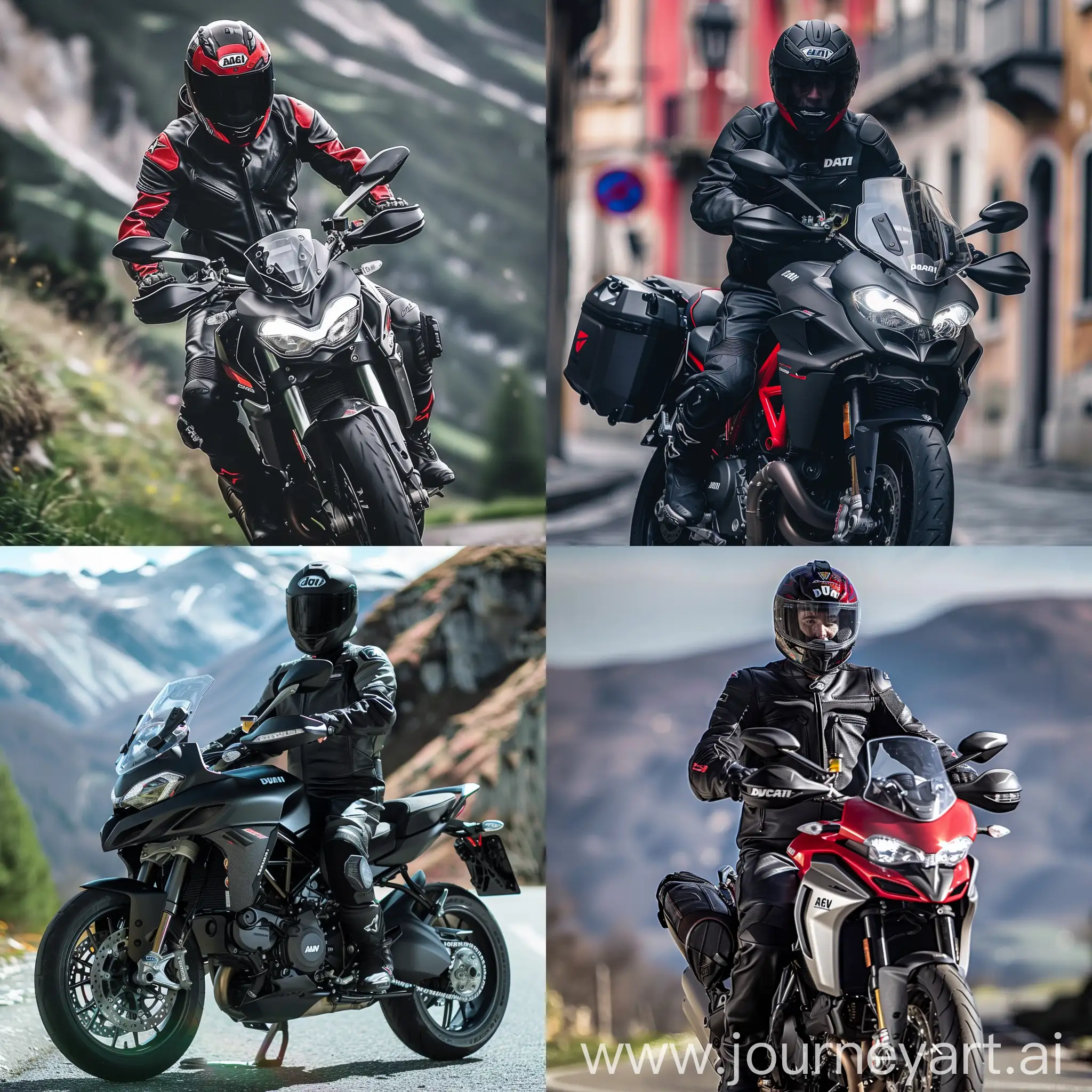 Biker-Riding-Ducati-Multistrada-in-Dainese-Leather-and-AGV-Helmet