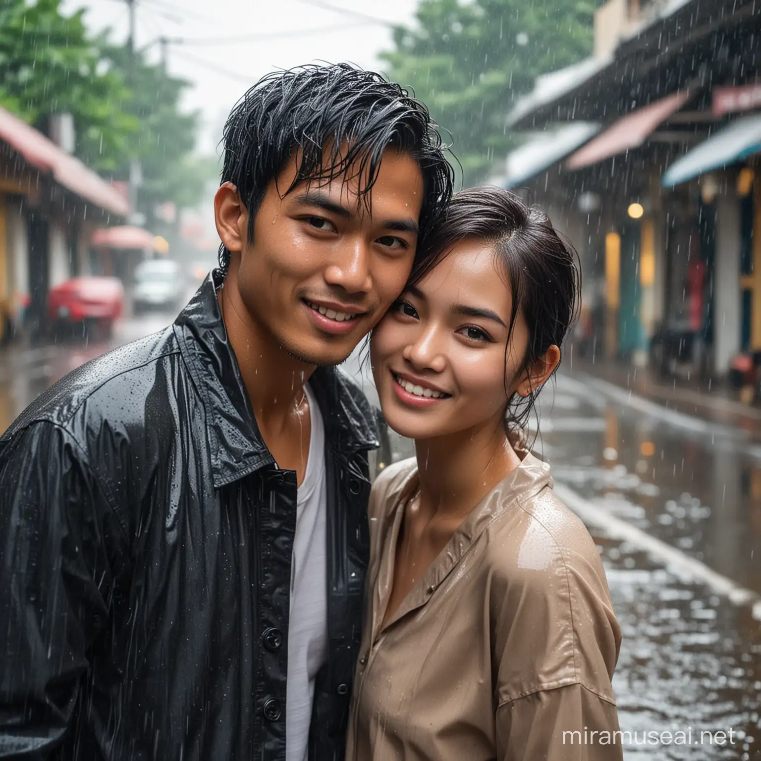 Young Indonesian Couple Enjoying Rainy Day Fun