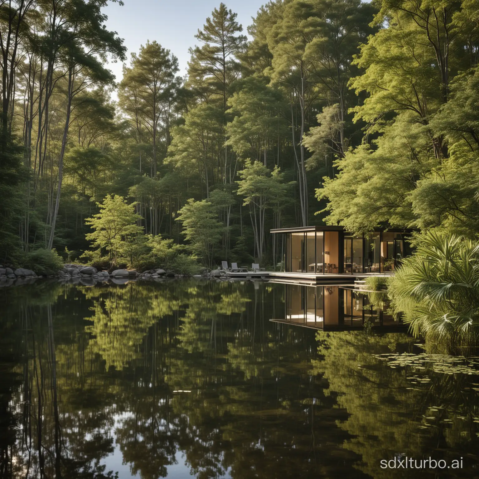 A serene lakeside retreat, where the stillness of the water mirrors the tranquility of the surrounding forest