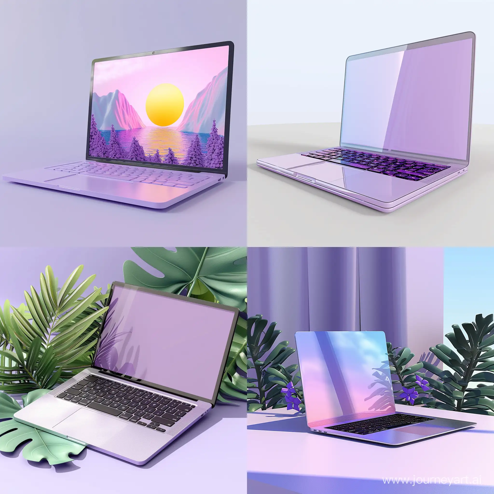 открытый ноутбук, 3d-иллюстрация, flat-иллюстрация, цифровая иллюстрация, фиолетовый цвет, пастельные тона, без фона, высокое качество