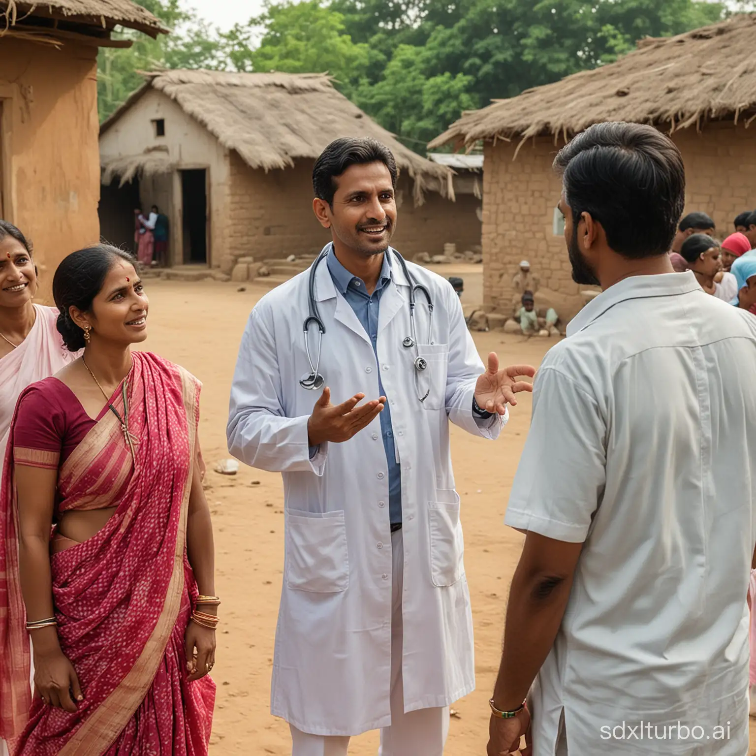  a doctor talking to people in village
 . indian