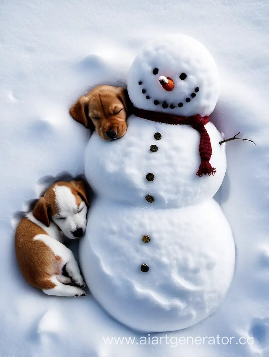 Очень добрый снеговик и рядом с ним спит щеночек
