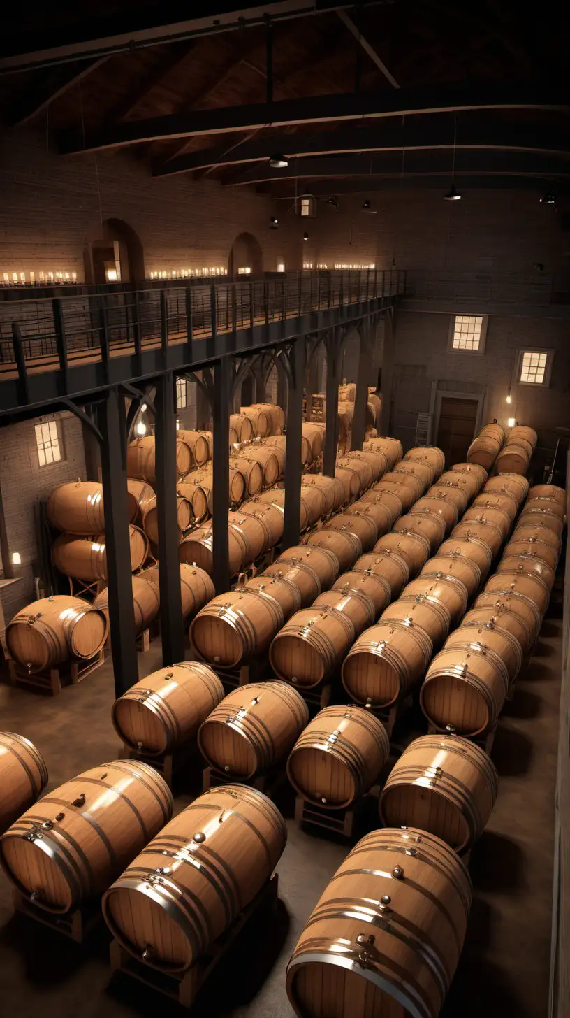 Design an aerial view of Washington's distillery, showcasing the scale of production. Use warm lighting to highlight the barrels and create a sense of historical grandeur.