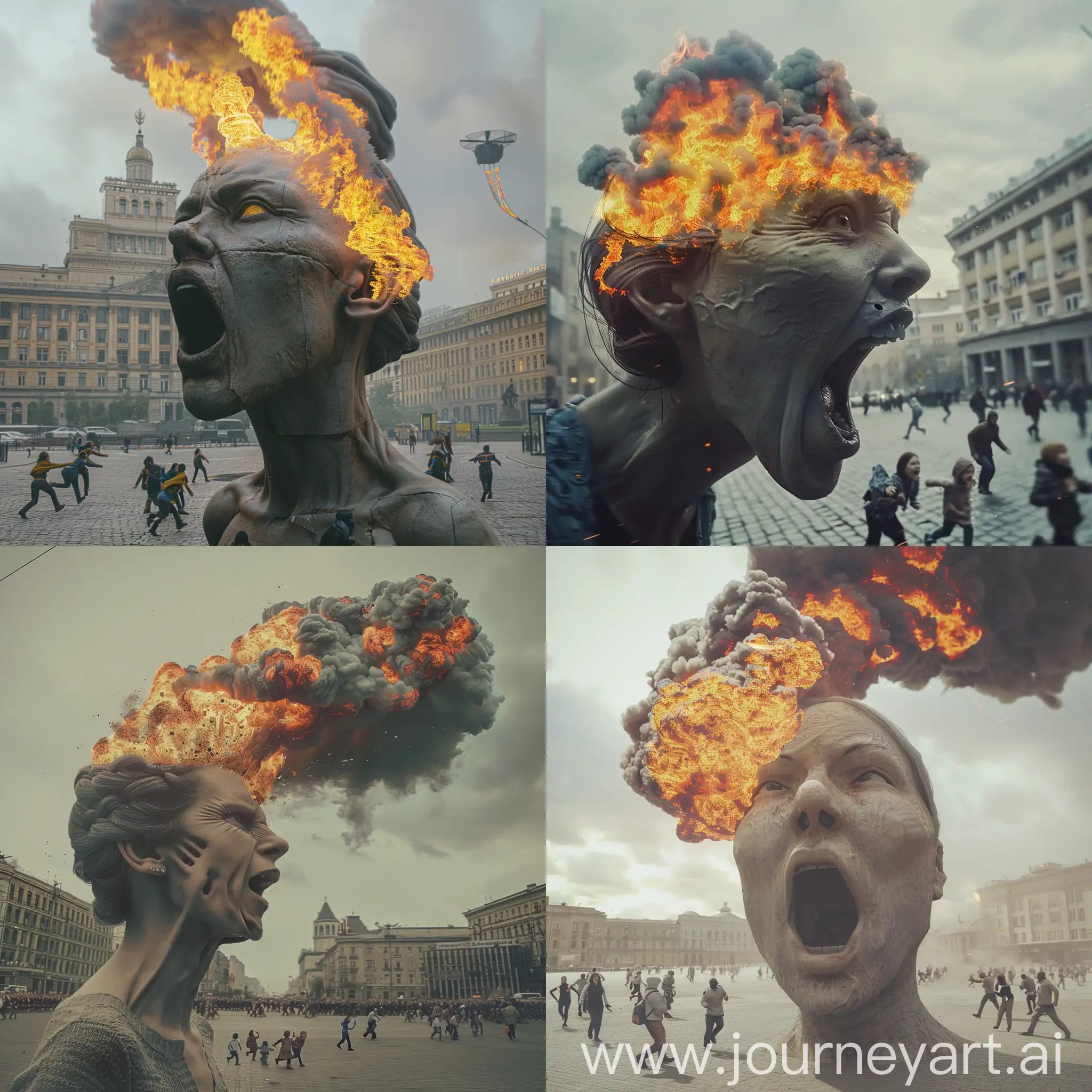 giant woman, fire from mouth, pan on head, little people run away from woman, panic, Maidan Nezalezhnosti, Independence Square in Ukraine, cinematic