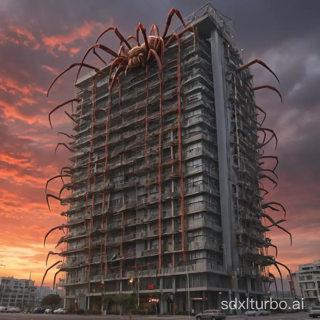 Izmir Hilton Hotel skyscraper was invaded by Gian tarantula. The building is covered with steel web which is nested by tarantula. Dystopian image.  Red-grey sky. Hyper-realistic image