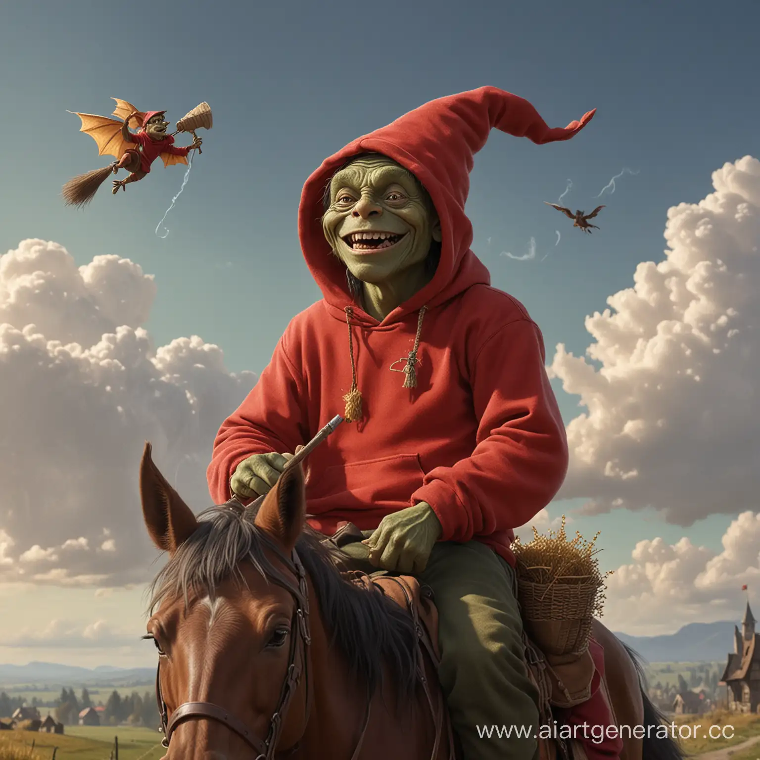 Cheerful-Goblin-Enjoying-Music-and-Beer-While-Riding-Horse-and-Watching-Witch-Fly