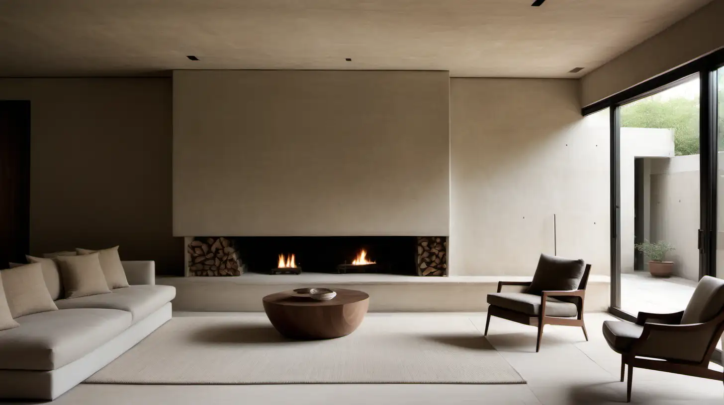 Spacious Organic Minimalist Lounge Room with Bauwerk Limewashed Walls and Walnut Cabinets