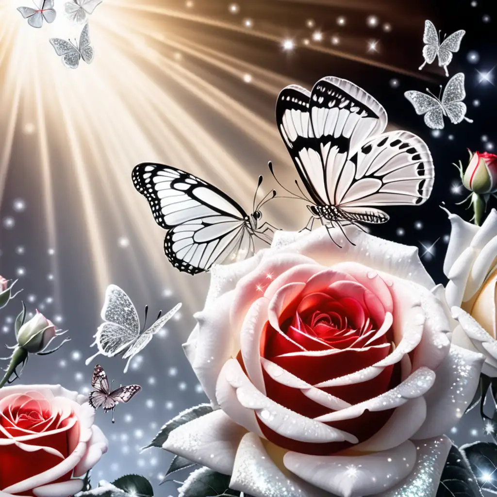 wintery background, white bi colored roses, beautiful delicate butterfly, glitter, glowing, glistening, transparent, soft sun rays shining down, linked hearts in the sky, black and white background, red and white tipped roses