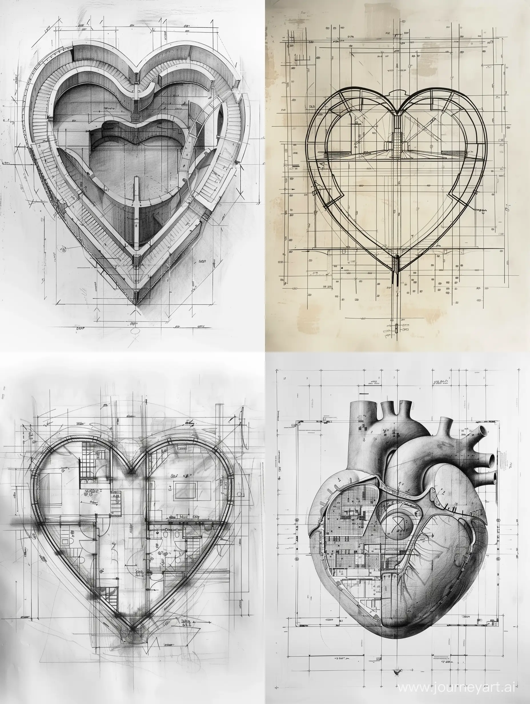 архитектурный план в форме сердца с размерами, чертеж на бумаге