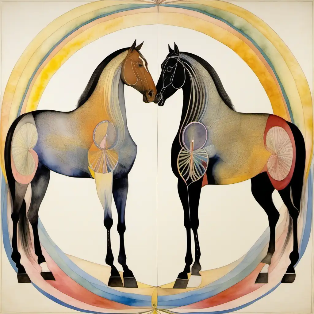 two horses are moving symmetrical in a grit, detailed, vivid watercolors, hilma af klint style 