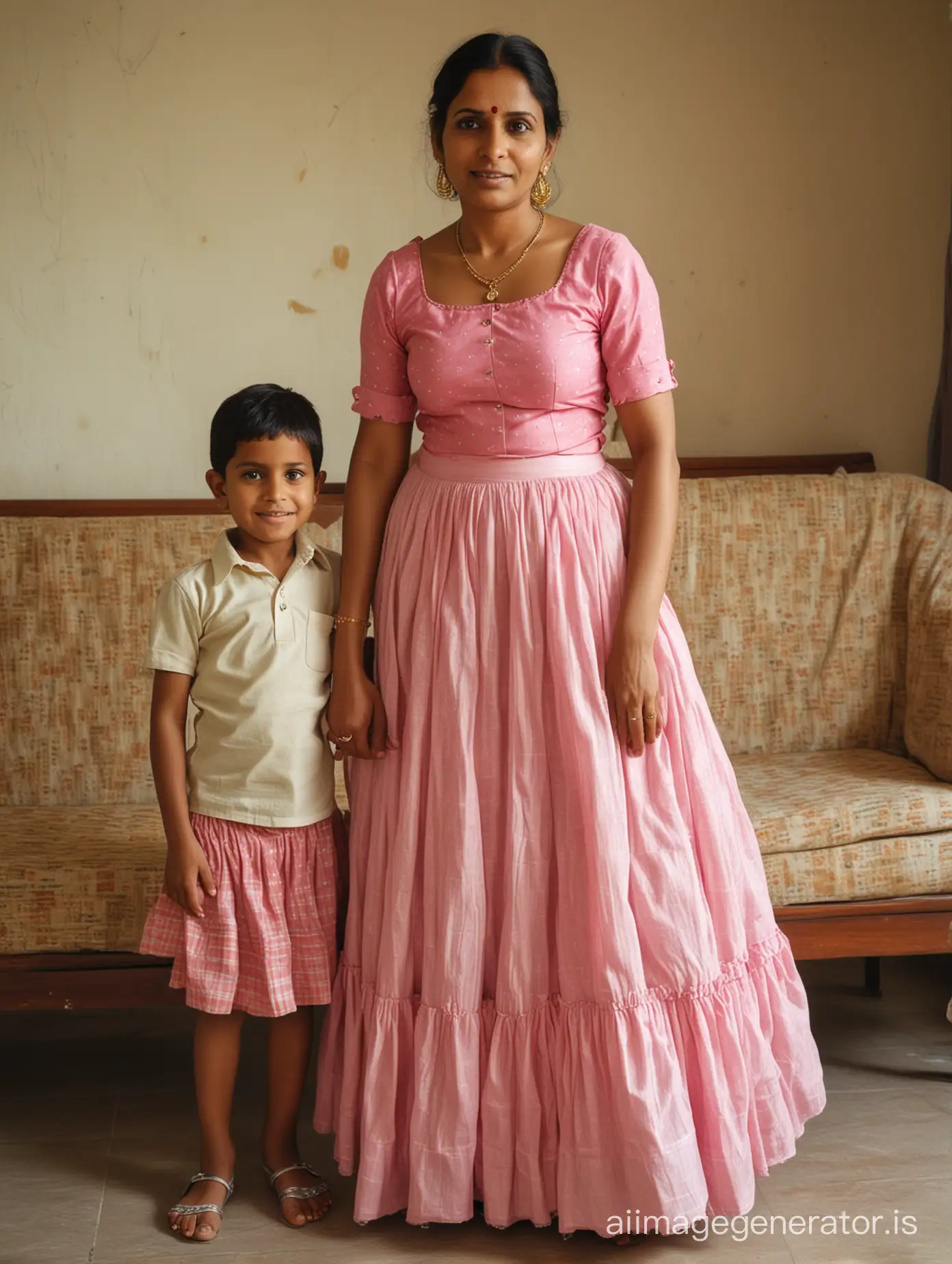 Desi village housewife aged 45 with young boy. in living room. wearing only petticoat