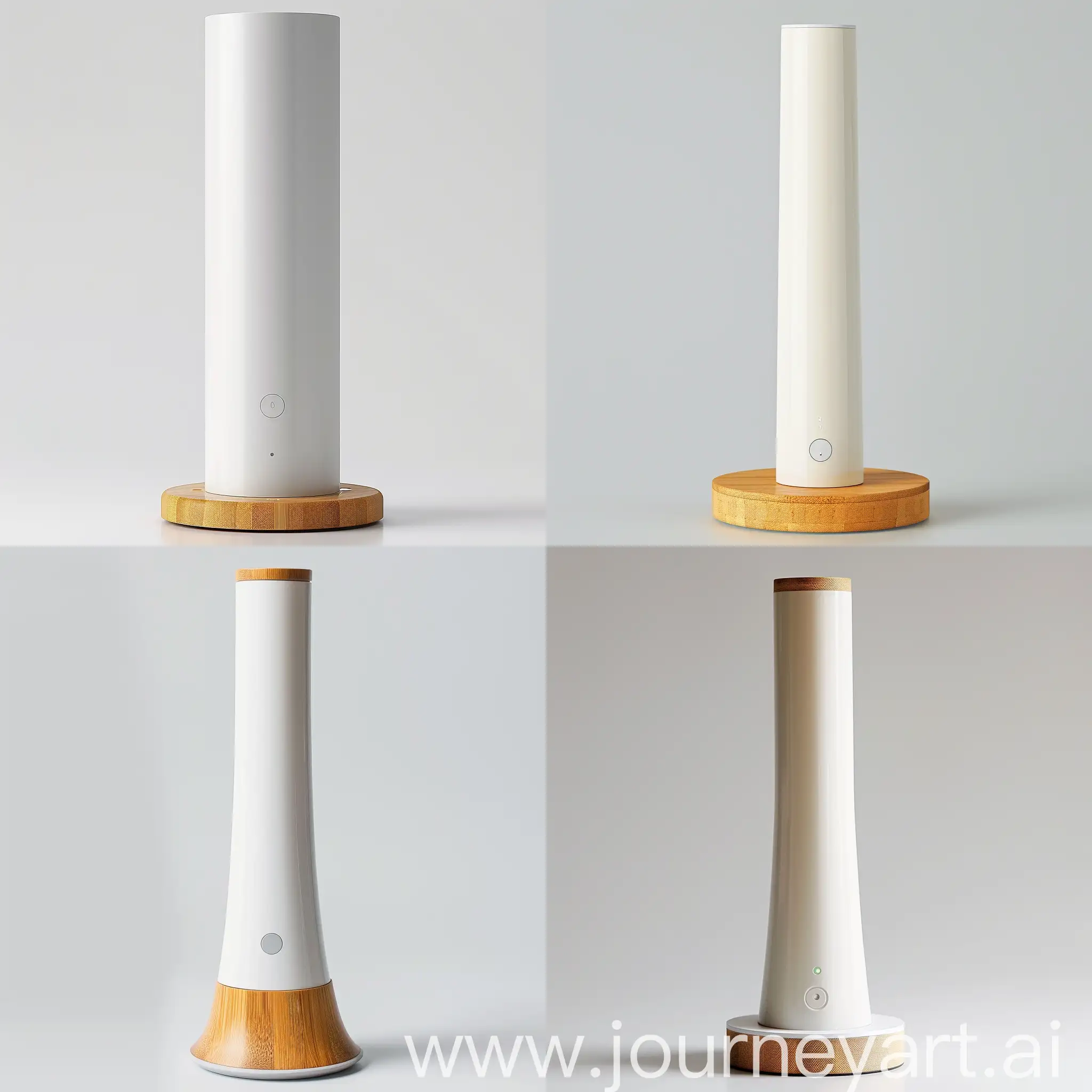 "Imagine a slender, stand-alone energy gateway with a slight taper towards the top, inspired by Japanese minimalism. The base is made of sustainable bamboo, while the body is constructed from recycled plastics, finished in white or light gray. Standing 30 cm tall with a circular base diameter of 8 cm, this device features soft LED lighting for notifications and a laser-engraved logo on the bamboo base. It serves as a central hub for smart home devices, simplifying energy management with a touch of Zen-inspired elegance, blending seamlessly into eco-conscious homes."realistic product style