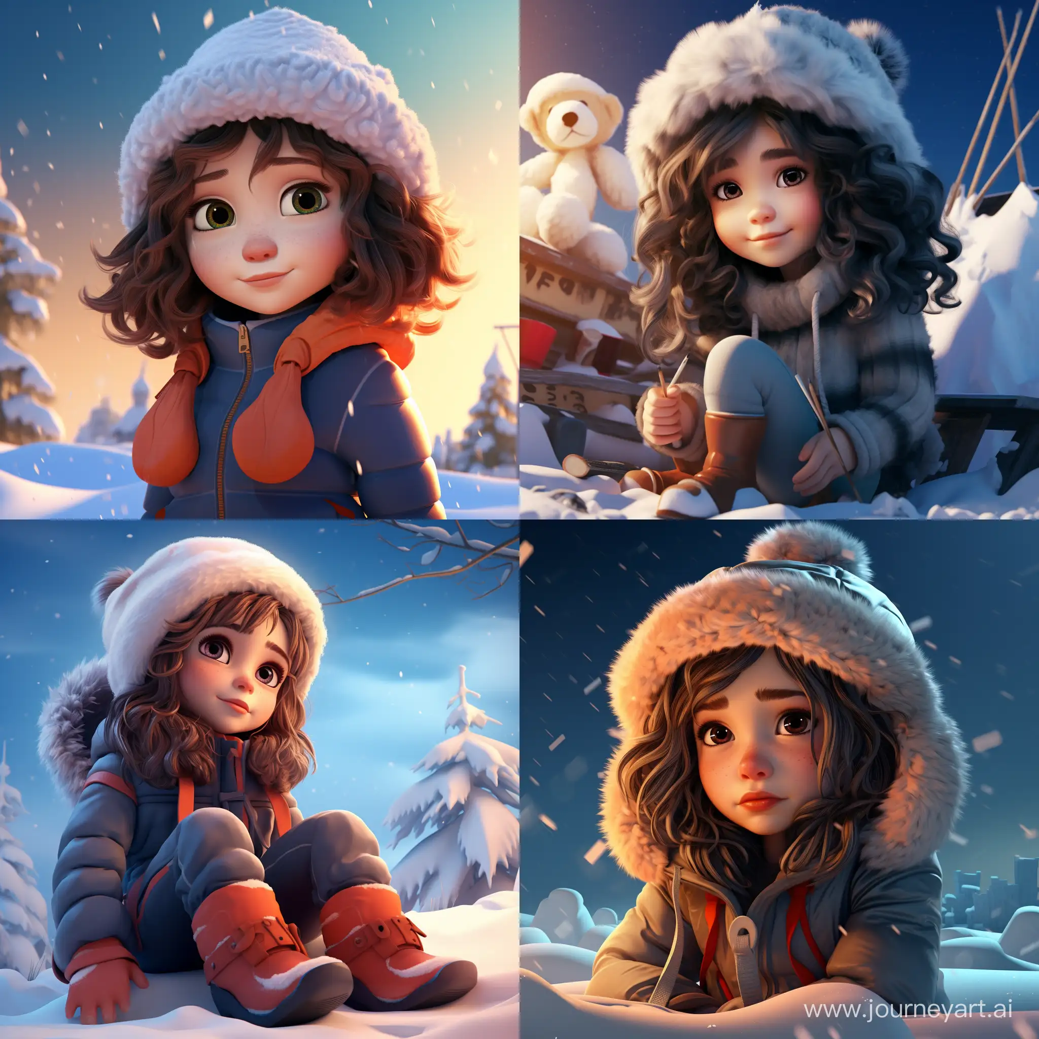 a cartoon of a little girl with big light eyes sitting in the snow hyperrealistic pop style, caricatural faces, uhd image, dima dmitriev, airbrush art