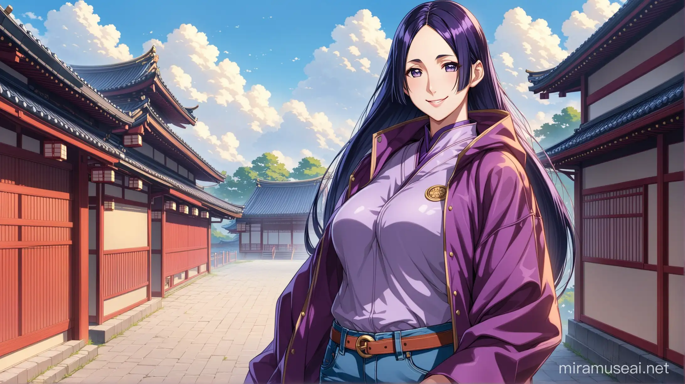 Draw the character Minamoto no Raikou with long hair standing outside on a cloudy day smiling at the viewer and wearing a jacket and jeans