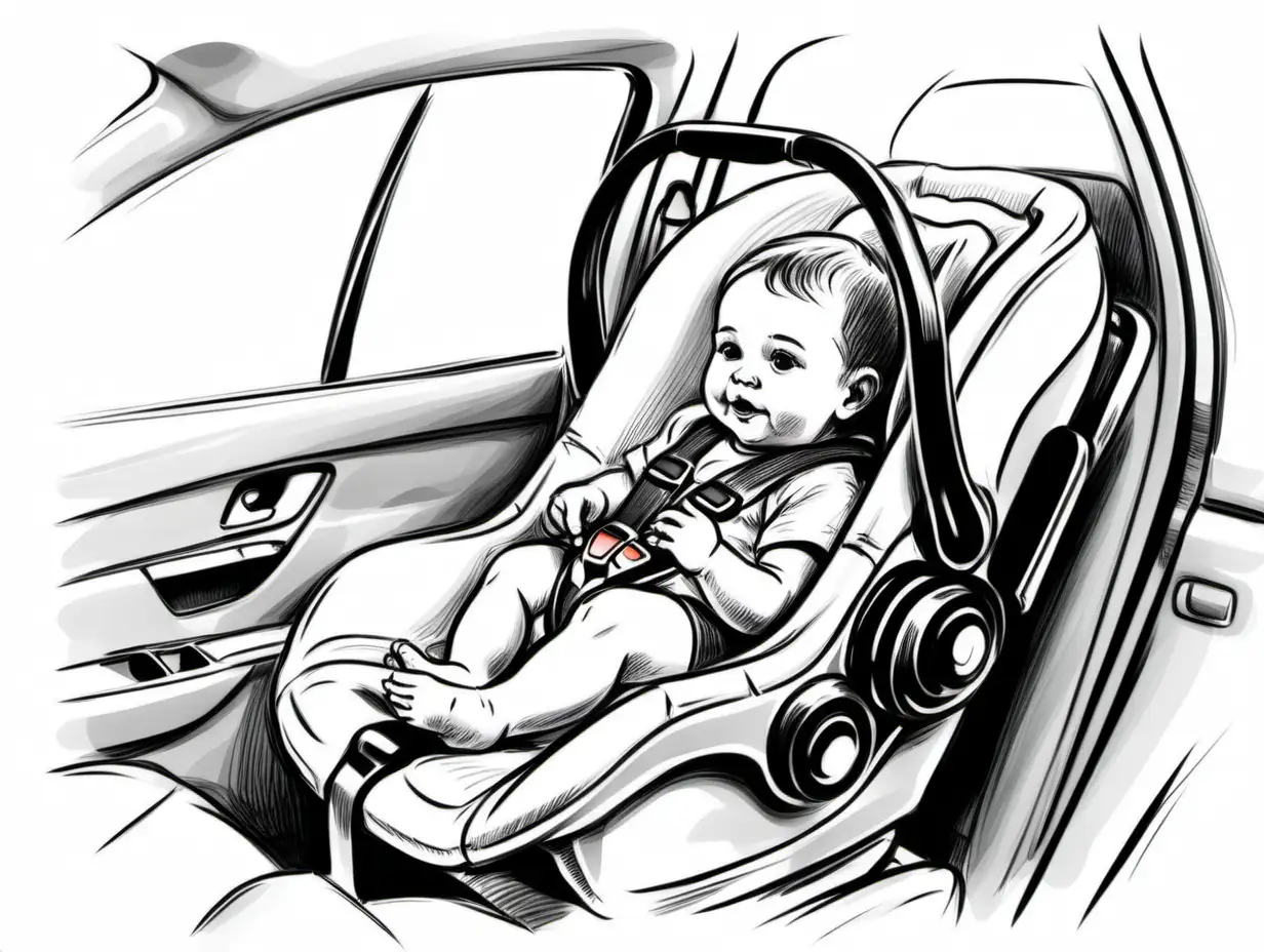 mother driver car with baby in a child seat,,felt tip sketch